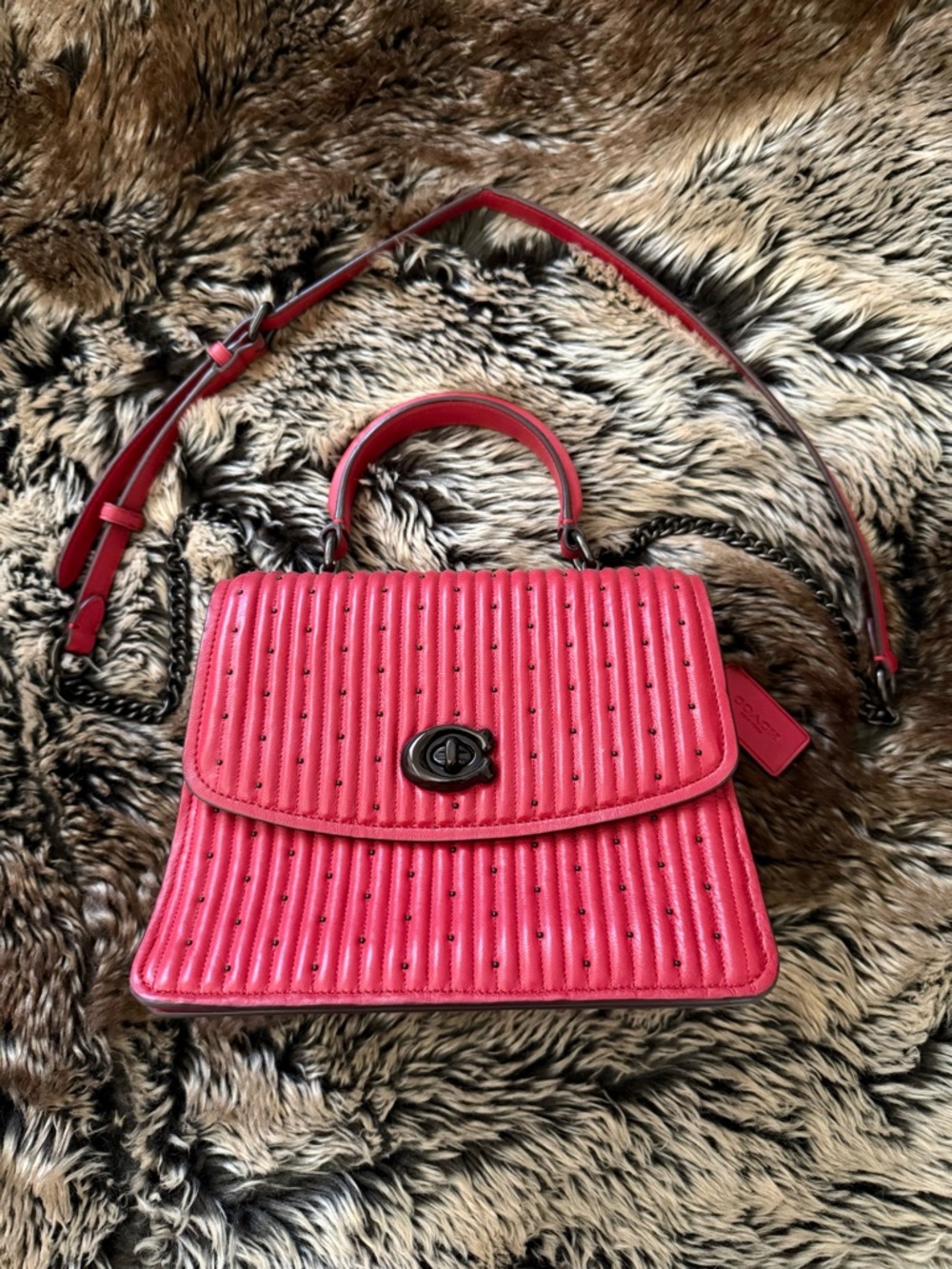 Coach Quilted Red Top-Handle Satchel with Chain Strap